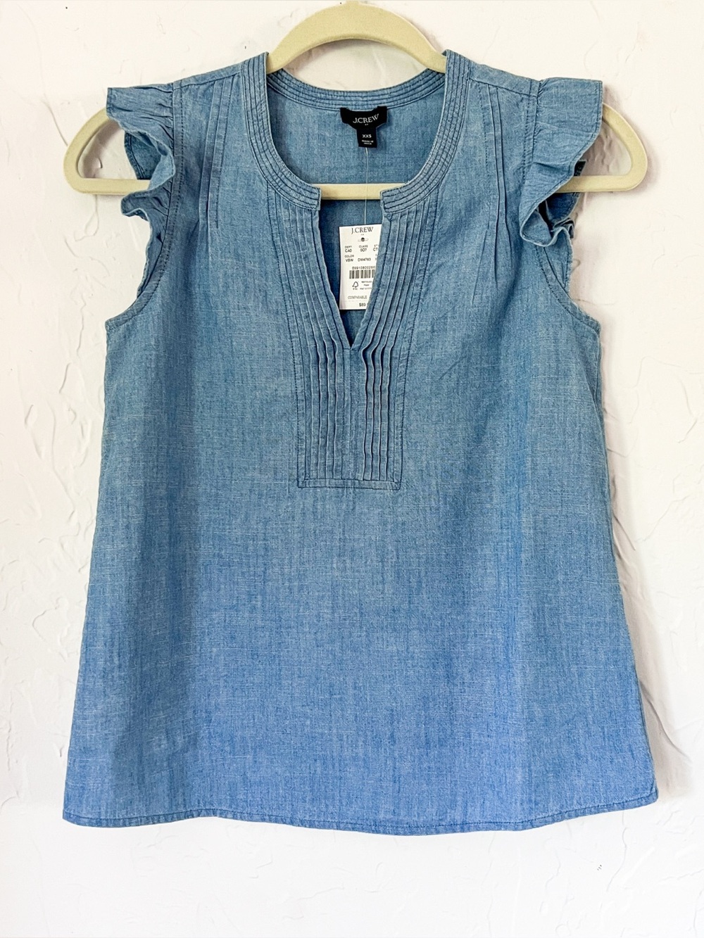New J. Crew Chambray flutter-sleeve top. XXS. Petite J Crew top. Denim Shirt